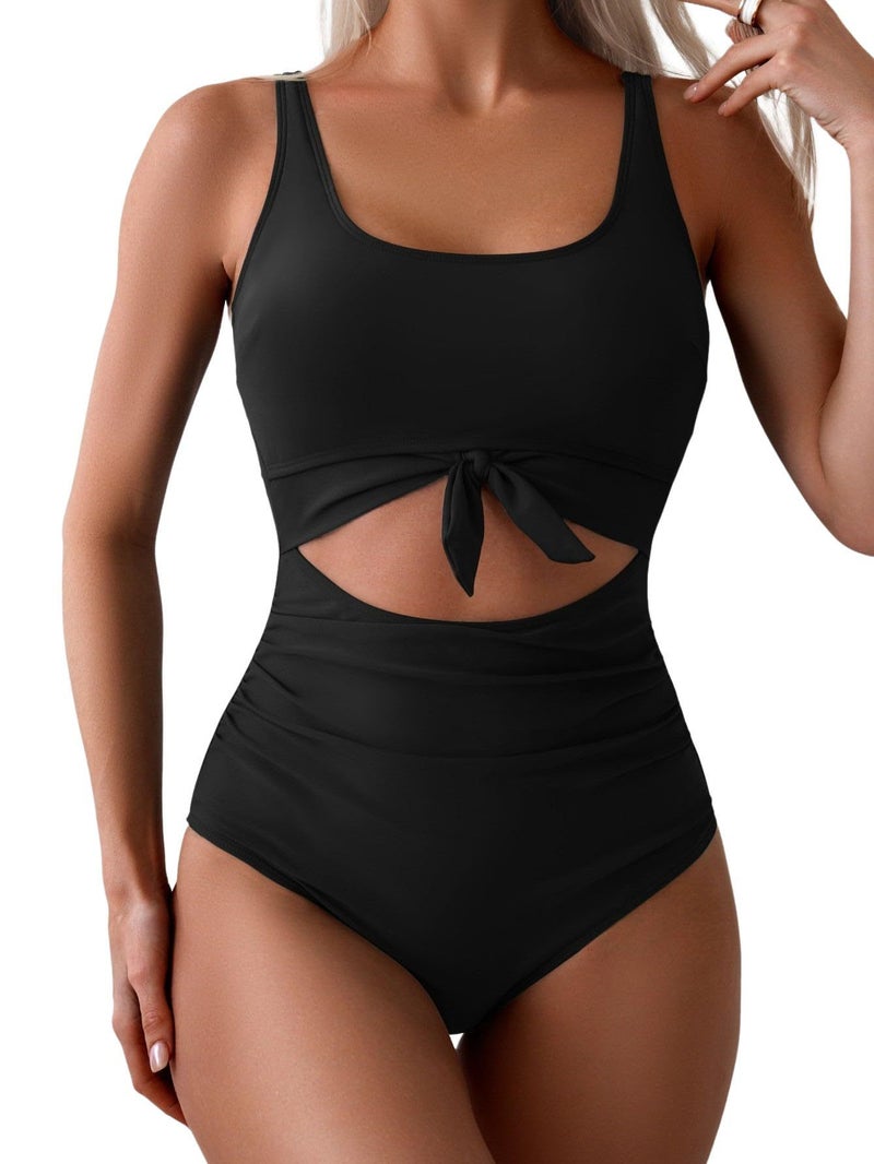 Swimsuit Solid Color Hollow Backless High Waist Conservative Tankini Swimsuit - Image 1